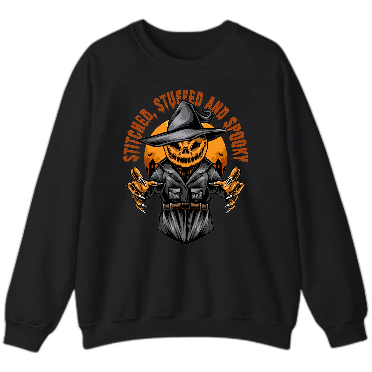 Stitched, Stuffed, and Spooky Jack-o-Lantern Sweatshirt in Black