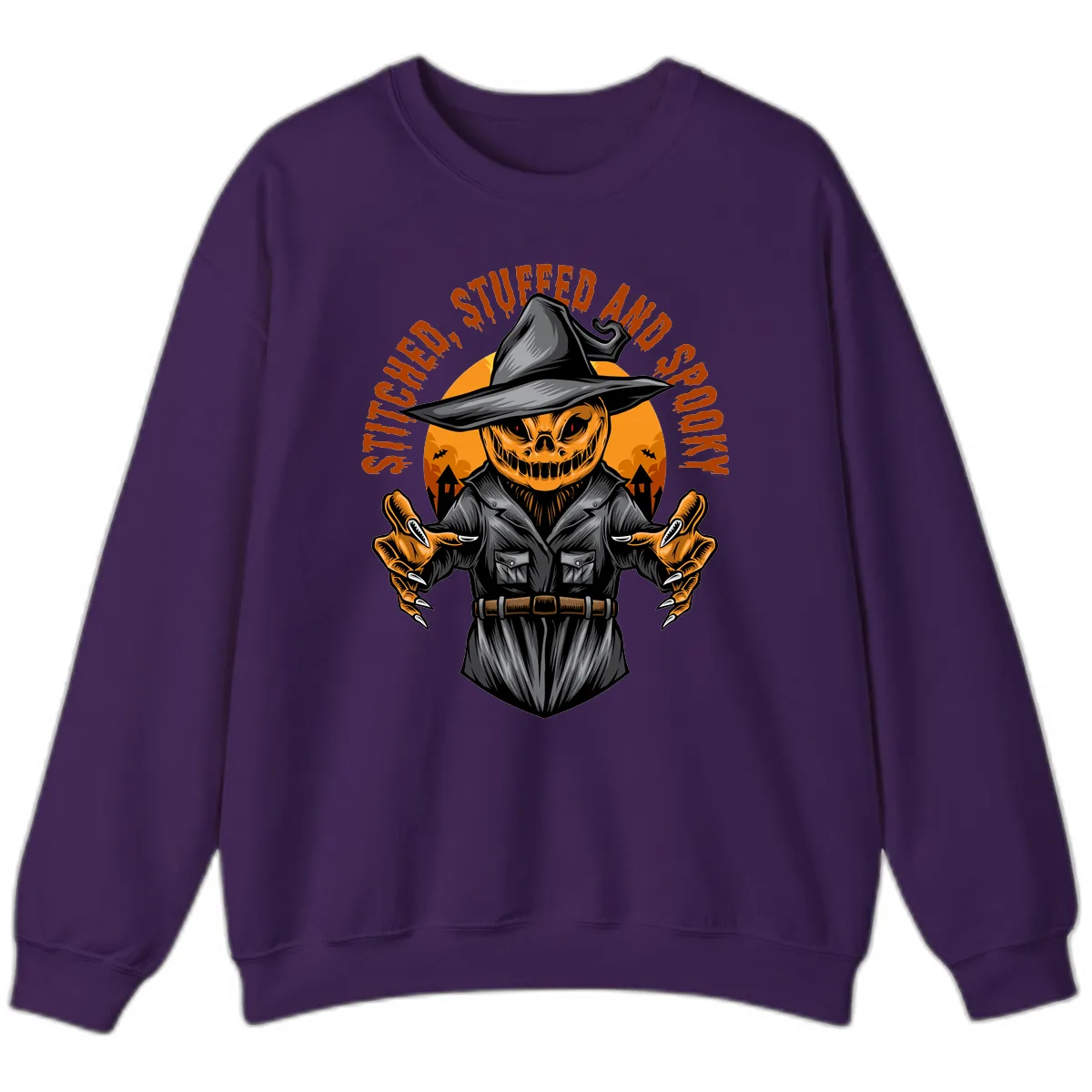 Stitched, Stuffed, and Spooky Jack-o-Lantern Sweatshirt in Purple