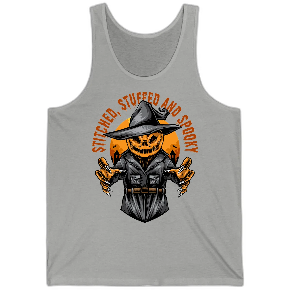 Stitched, Stuffed, and Spooky Jack-o-Lantern Tank in Athletic Heather