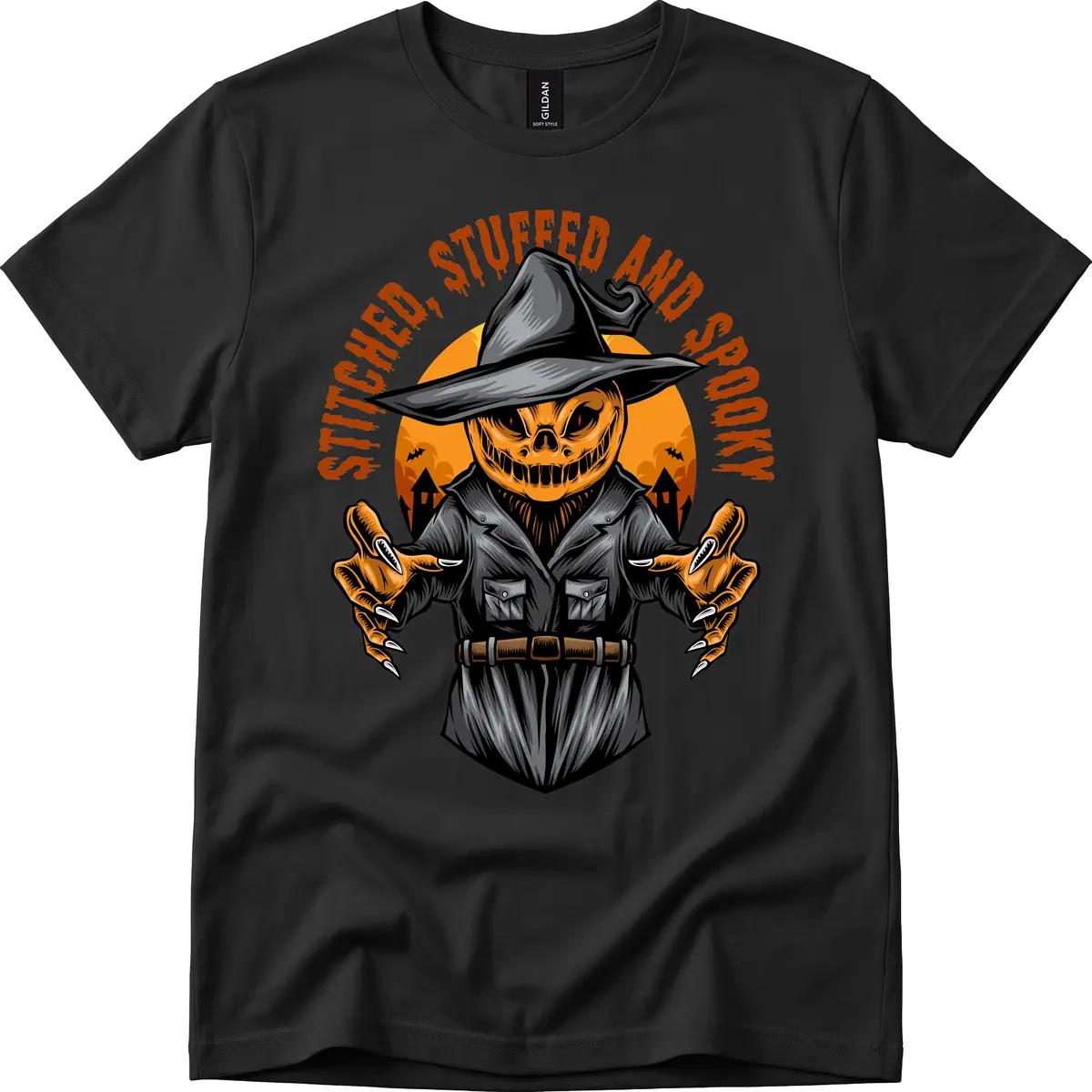 Stitched, Stuffed, and Spooky Jack-o-Lantern T-Shirt in Black