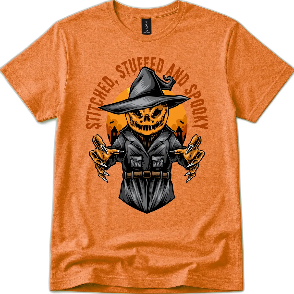Stitched, Stuffed, and Spooky Jack-o-Lantern T-Shirt in Heather Orange