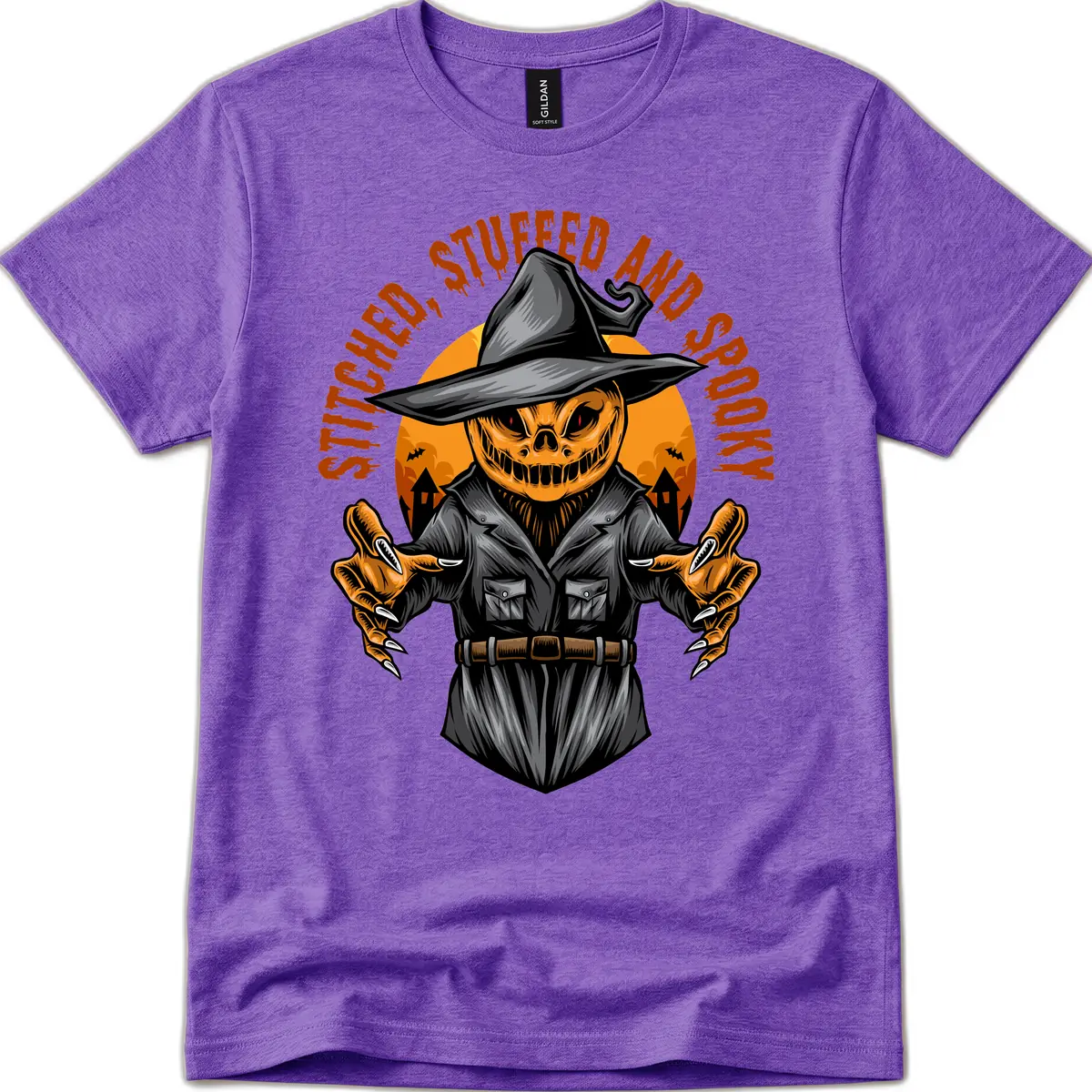Stitched, Stuffed, and Spooky Jack-o-Lantern T-Shirt in Heather Purple