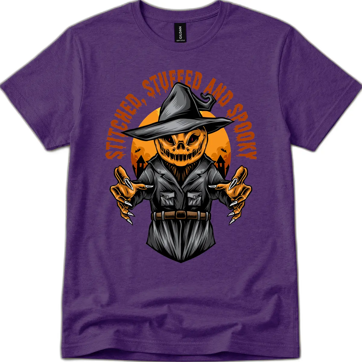 Stitched, Stuffed, and Spooky Jack-o-Lantern T-Shirt in Purple
