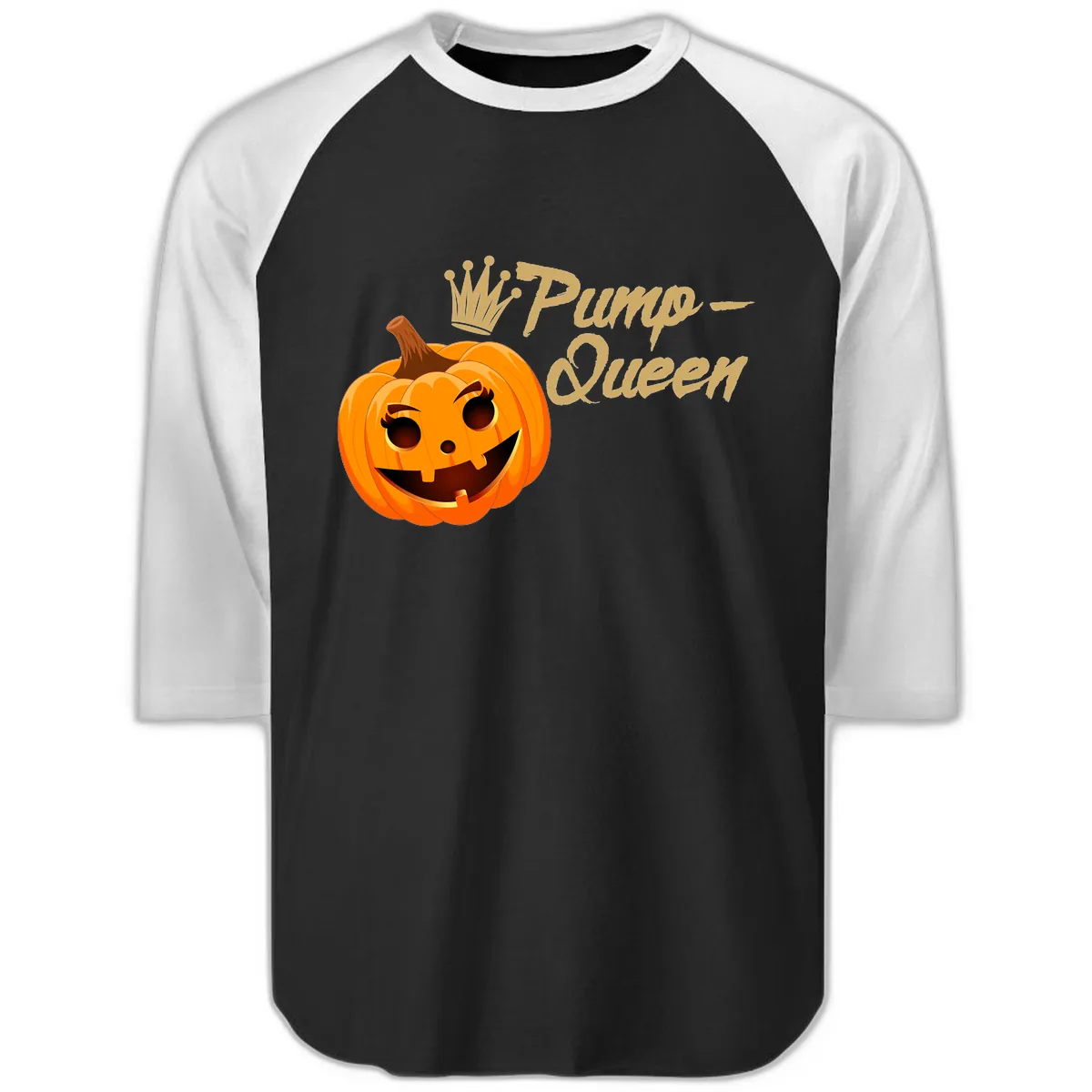 Pumpkin Queen Halloween Design Raglan 3/4 in Black White