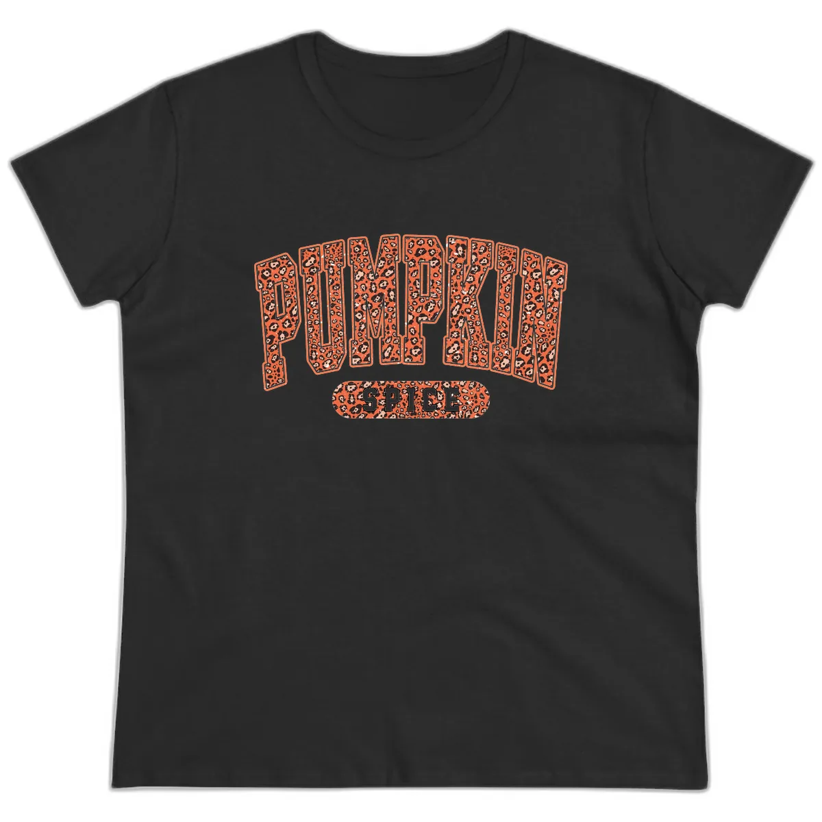 Leopard Print Pumpkin Spice Letters Ladies Tee in Black