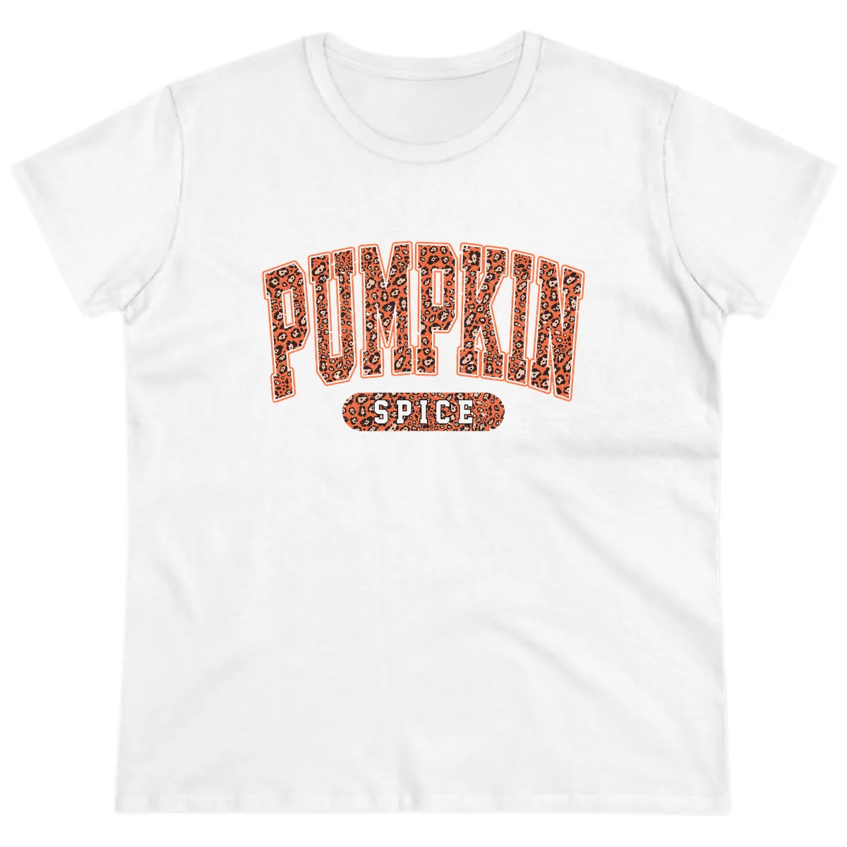 Leopard Print Pumpkin Spice Letters Ladies Tee in White