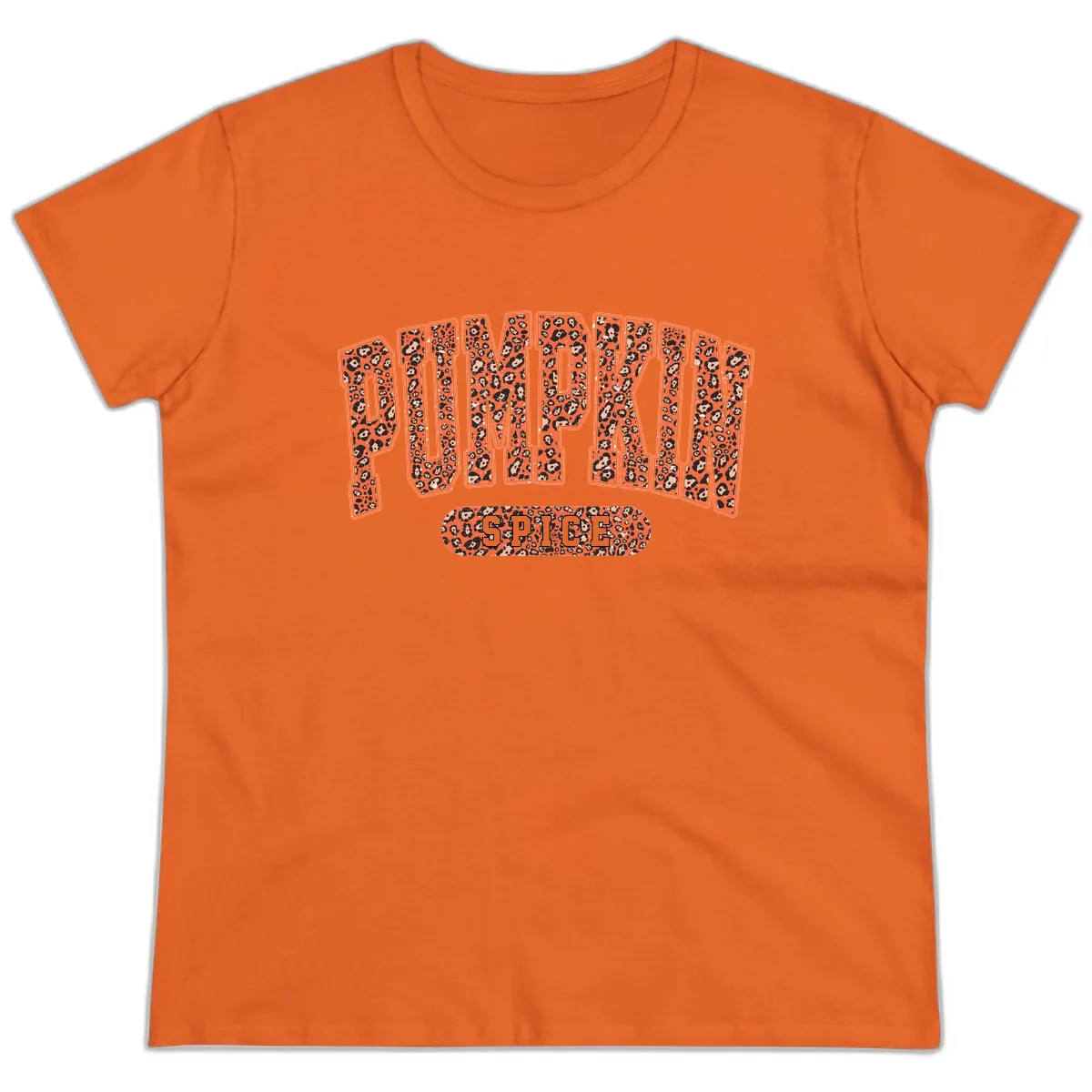 Leopard Print Pumpkin Spice Letters Ladies Tee in Orange