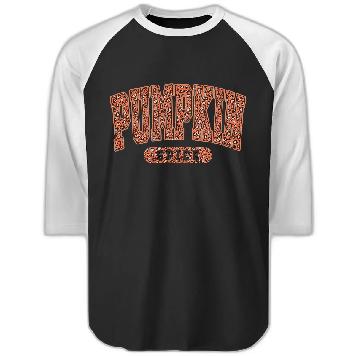 Leopard Print Pumpkin Spice Letters Raglan 3/4 in Black White