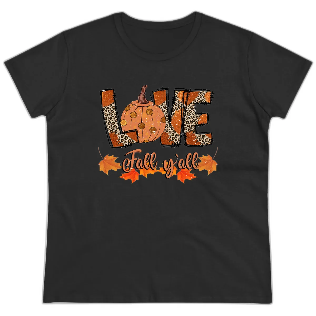 Fall Love Leopard Pumpkin Ladies Tee in Black