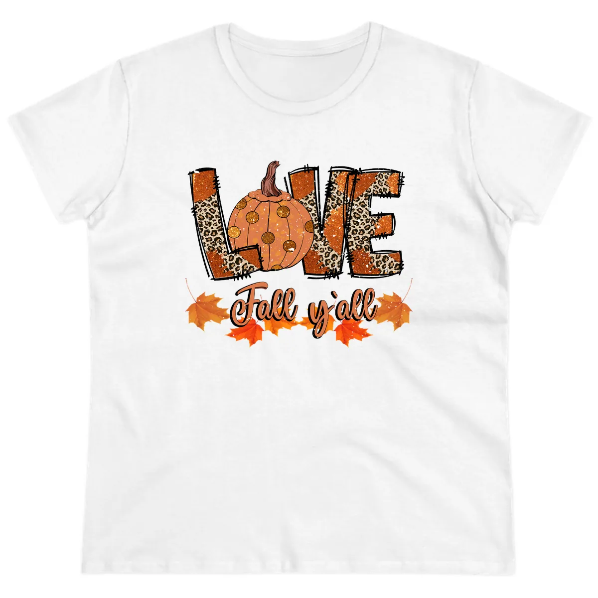 Fall Love Leopard Pumpkin Ladies Tee in White