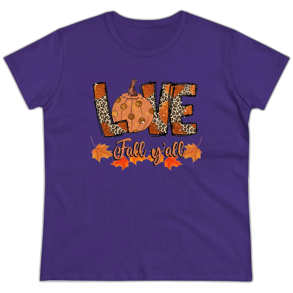 Fall Love Leopard Pumpkin Ladies Tee in Purple
