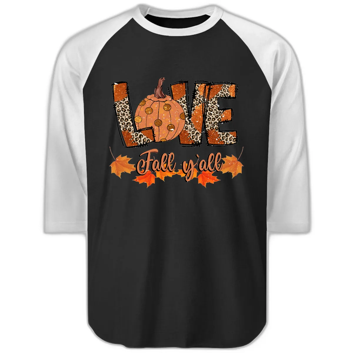 Fall Love Leopard Pumpkin Raglan 3/4 in Black White