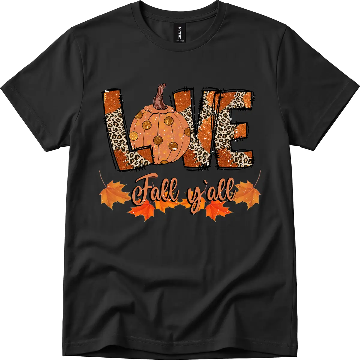 Fall Love Leopard Pumpkin T-Shirt in Black