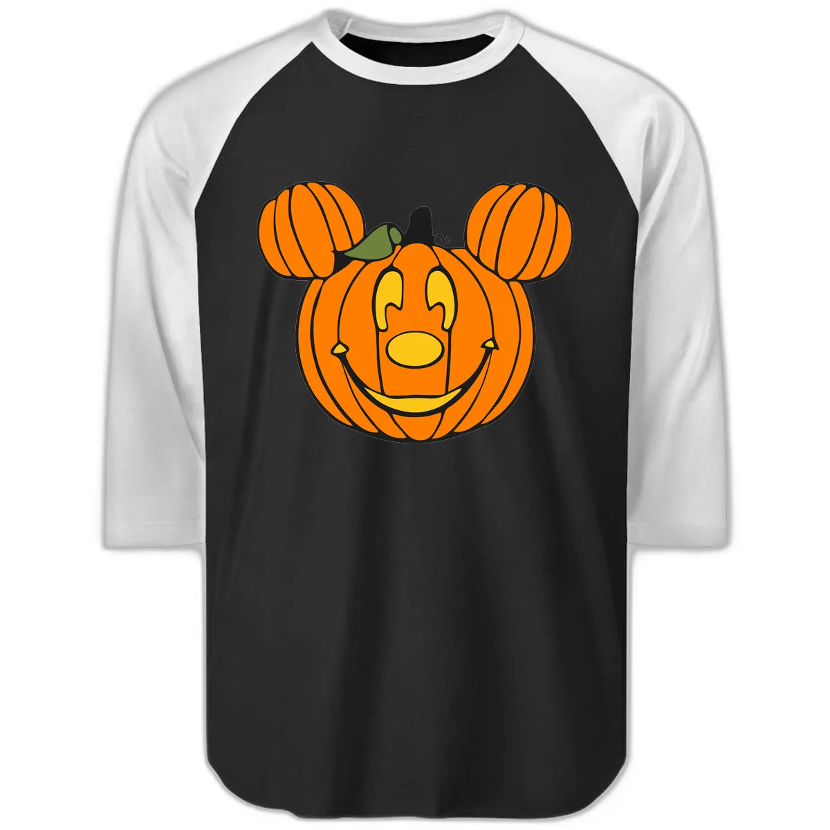 Mickey Pumpkin Halloween Jack-o-Lantern Raglan 3/4 in Black White