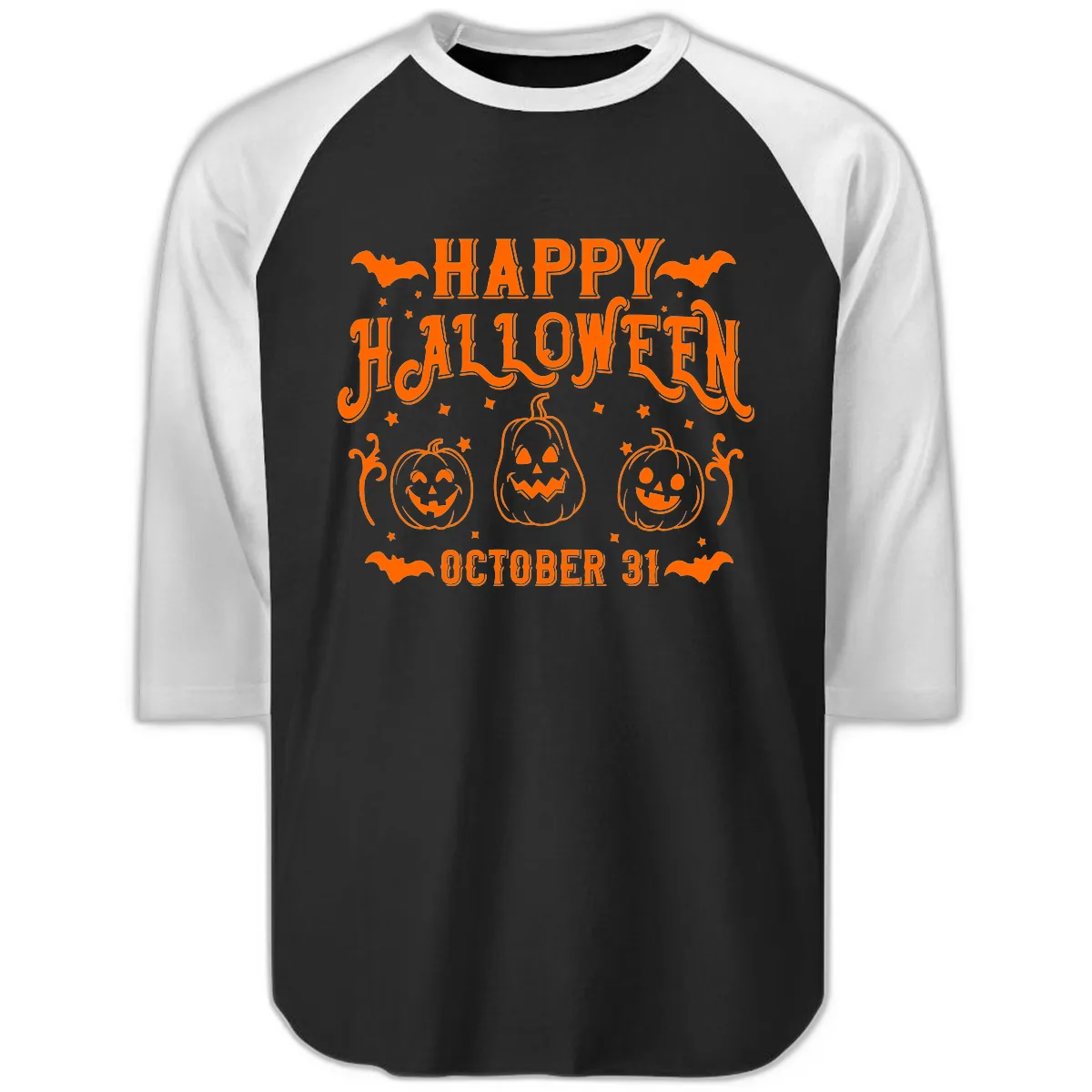 Happy Halloween Spooky Pumpkins Raglan 3/4 in Black White