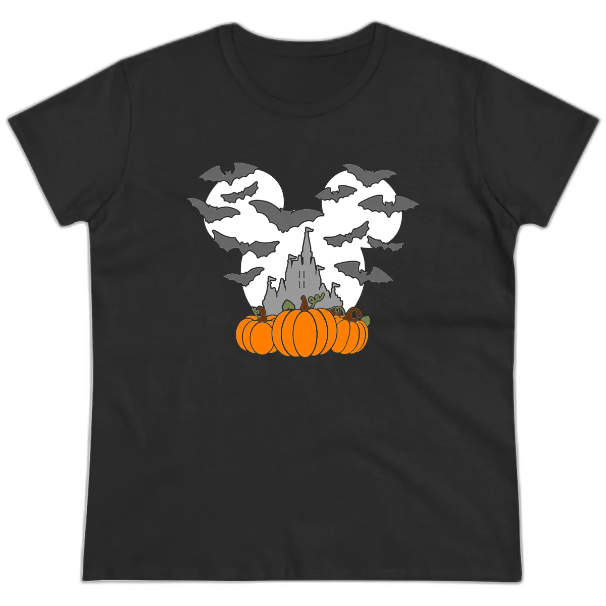 Spooky Haunted Castle Halloween Design Ladies Tee in Black