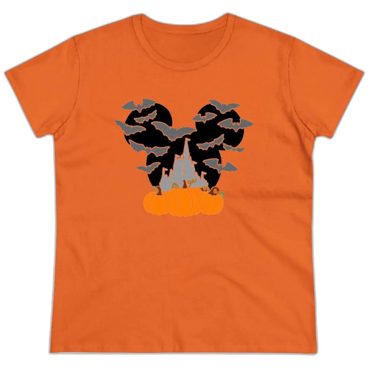 Spooky Haunted Castle Halloween Design Ladies Tee in Orange