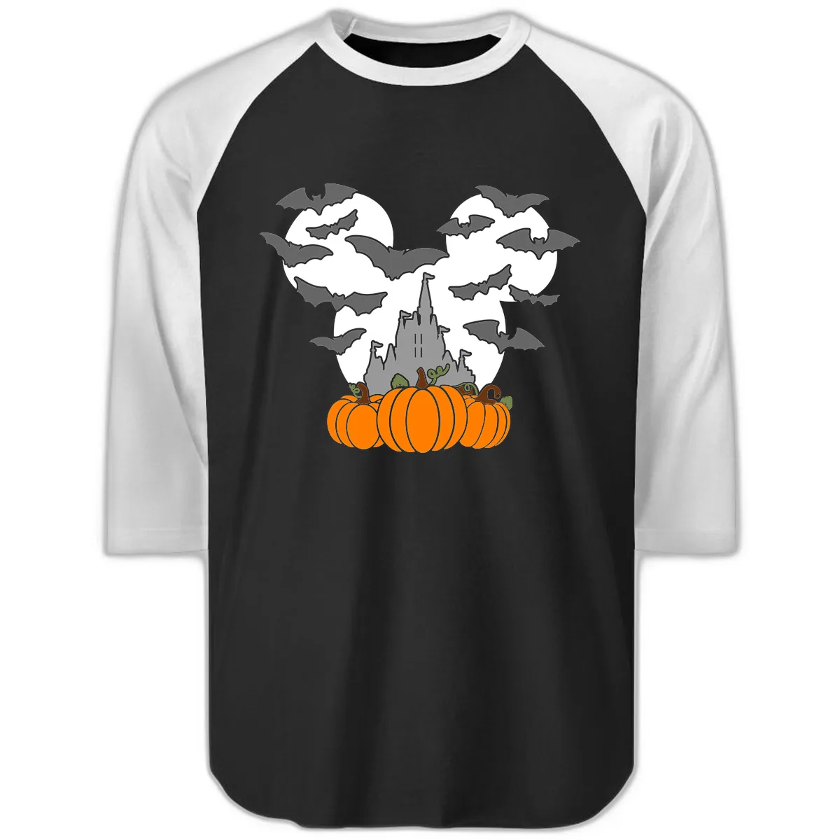 Spooky Haunted Castle Halloween Design Raglan 3/4 in Black White