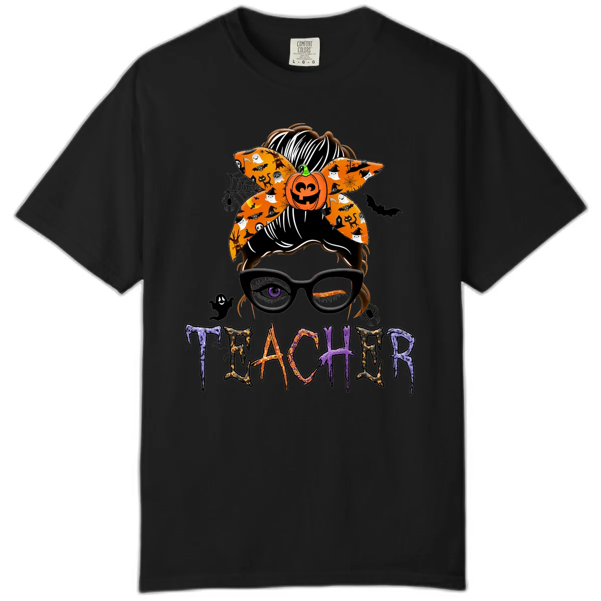 Halloween Teacher Messy Bun Pumpkin Spice Comfort Color in Black