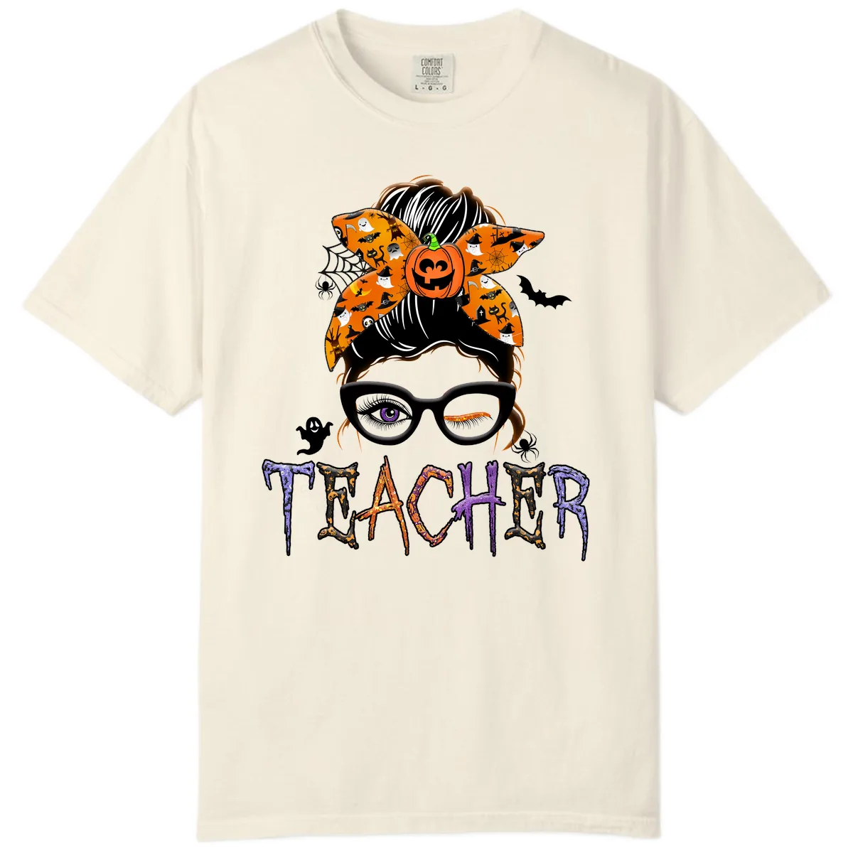 Halloween Teacher Messy Bun Pumpkin Spice Comfort Color in Ivory