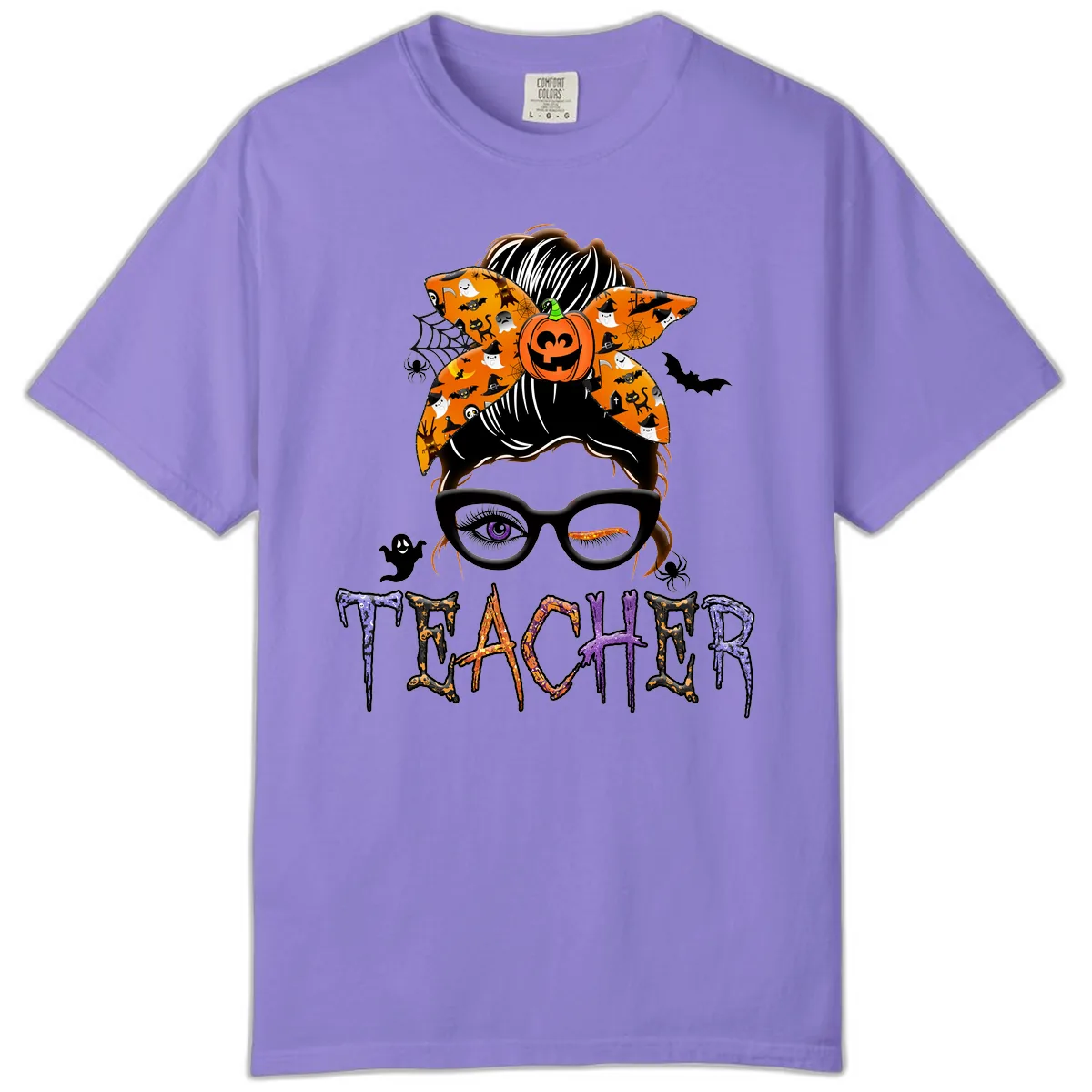 Halloween Teacher Messy Bun Pumpkin Spice Comfort Color in Violet