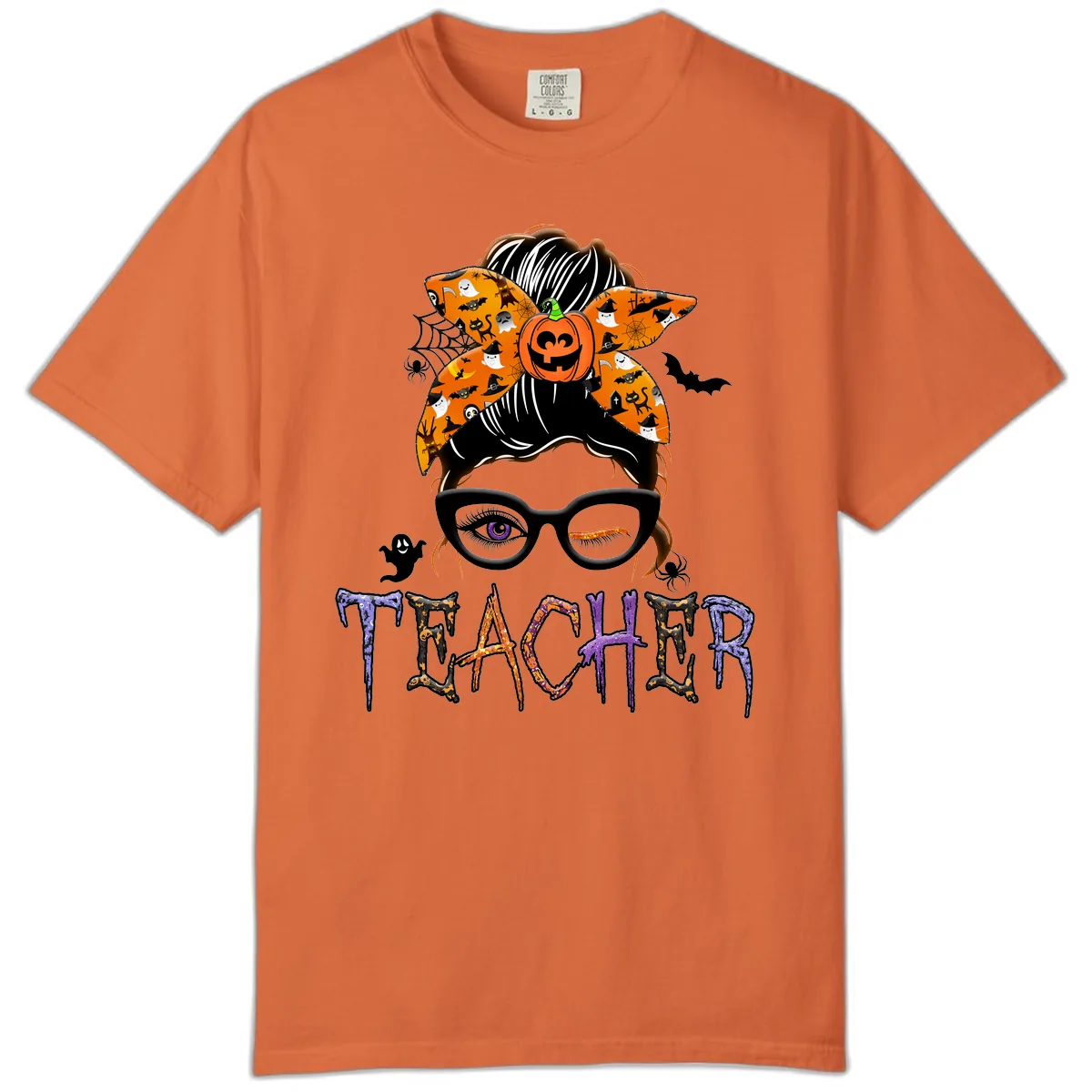 Halloween Teacher Messy Bun Pumpkin Spice Comfort Color in Burnt Orange