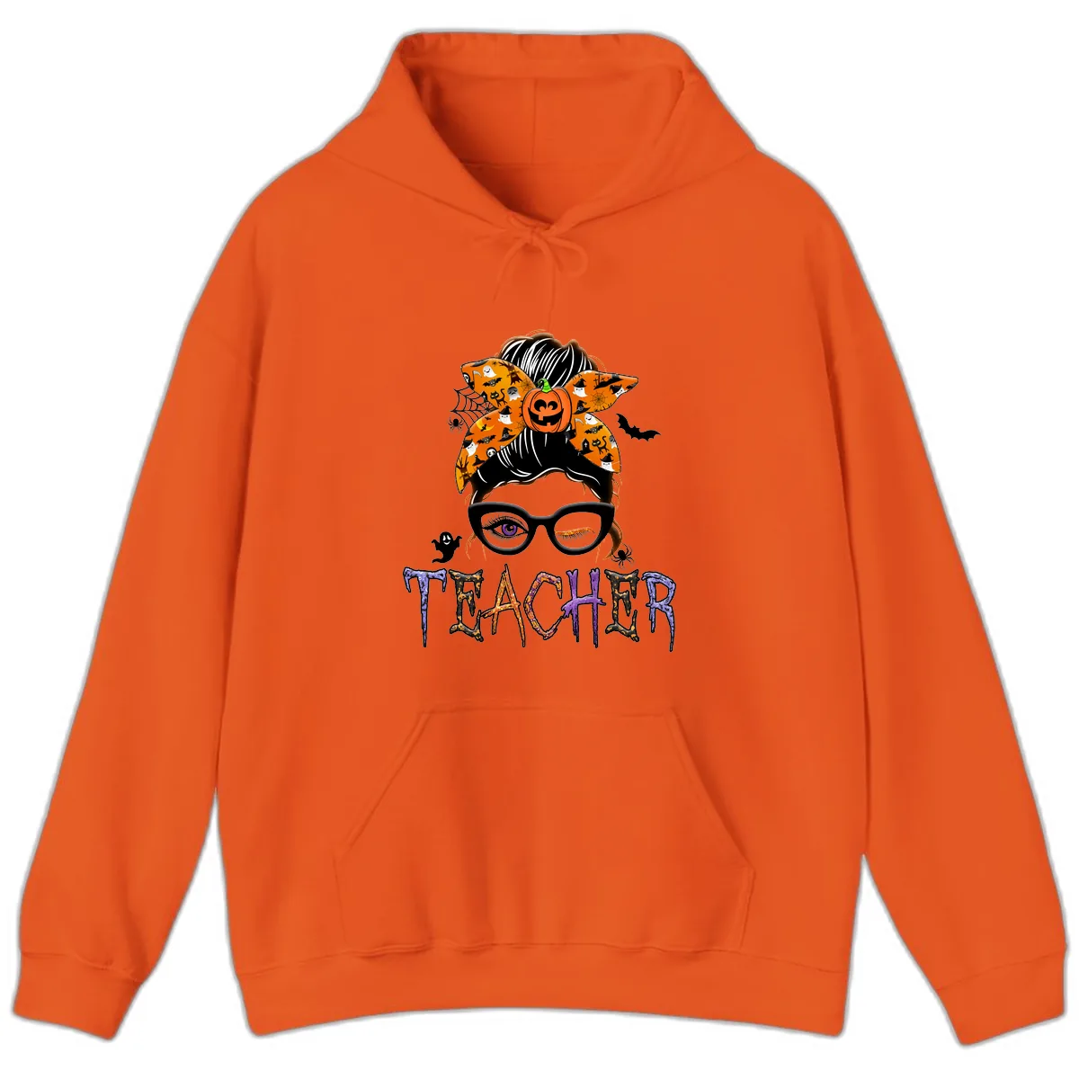 Halloween Teacher Messy Bun Pumpkin Spice Hoodie in Orange