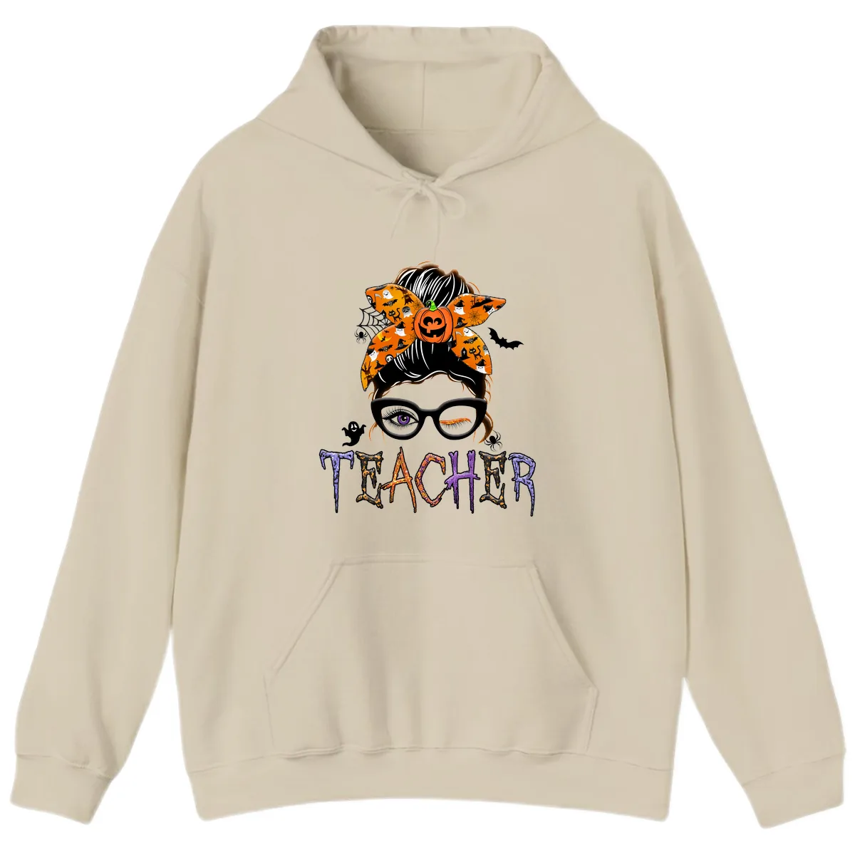 Halloween Teacher Messy Bun Pumpkin Spice Hoodie in Sand