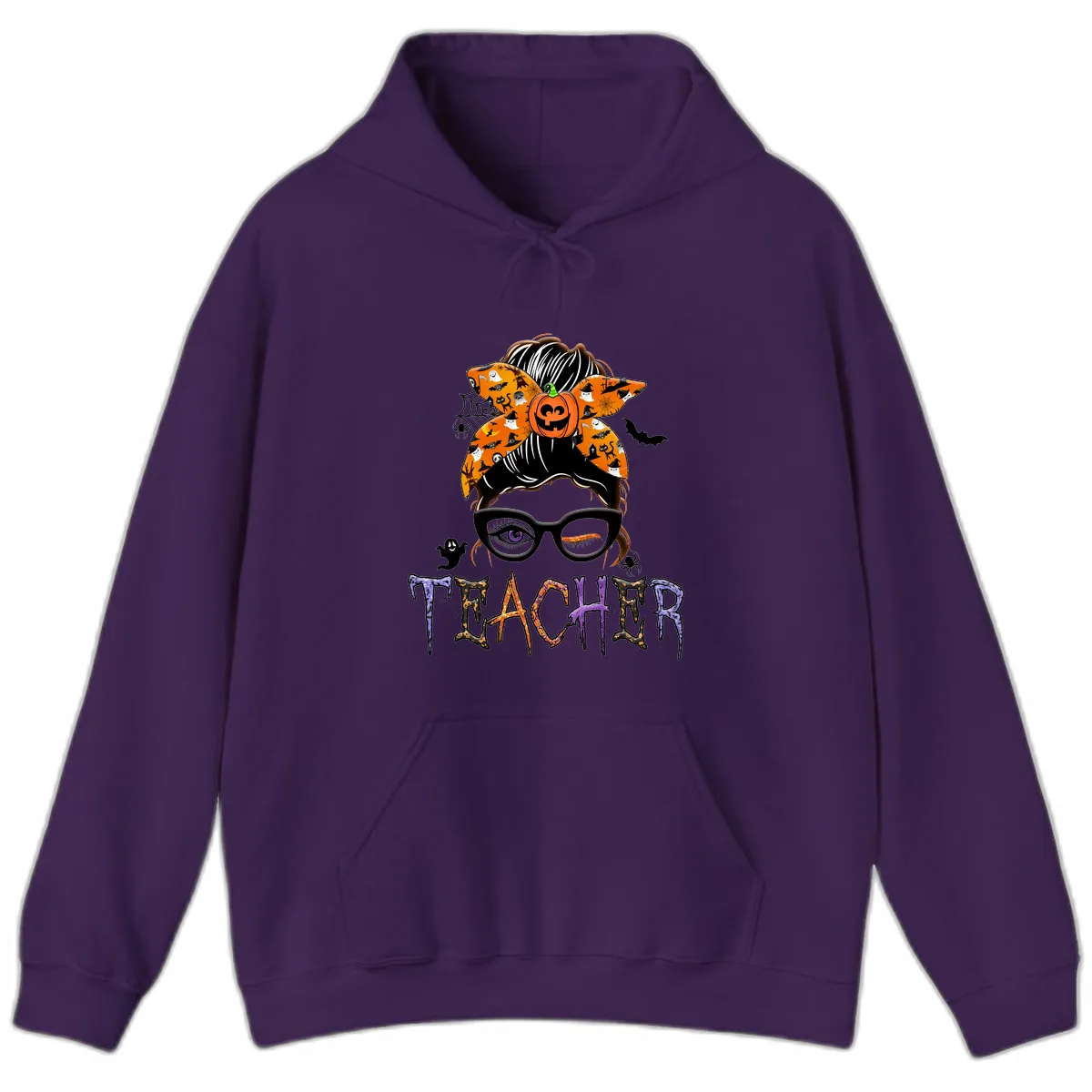 Halloween Teacher Messy Bun Pumpkin Spice Hoodie in Purple