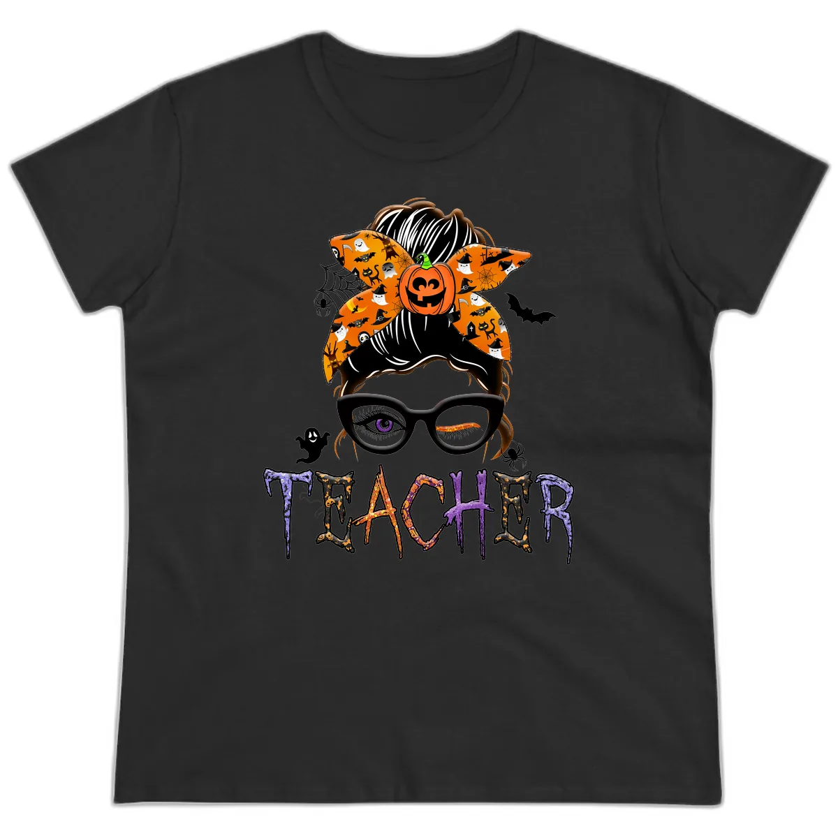 Halloween Teacher Messy Bun Pumpkin Spice Ladies Tee in Black