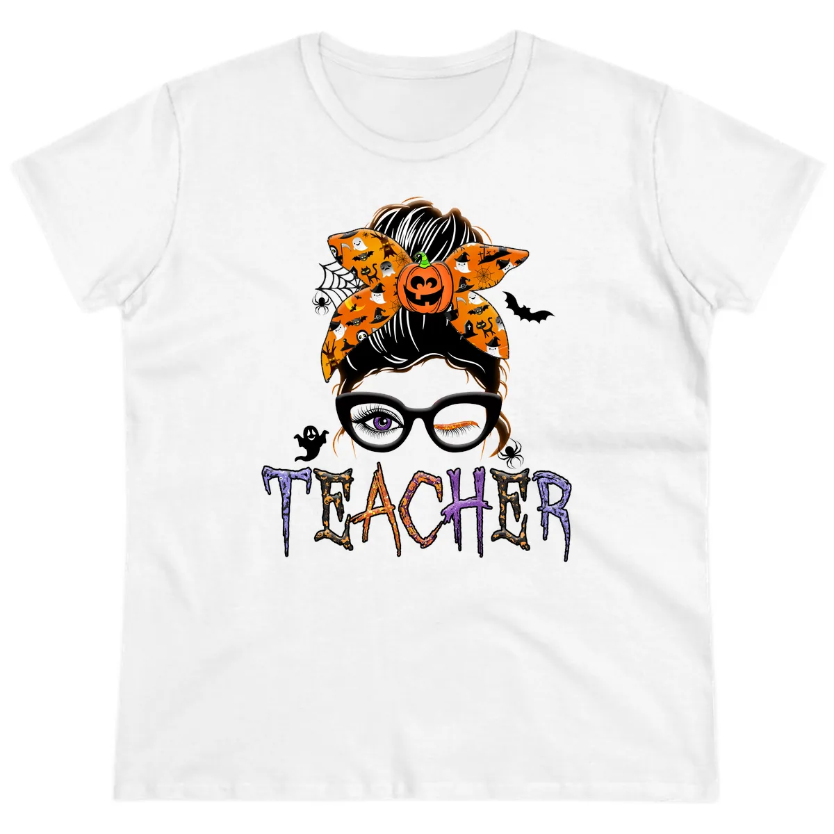 Halloween Teacher Messy Bun Pumpkin Spice Ladies Tee in White