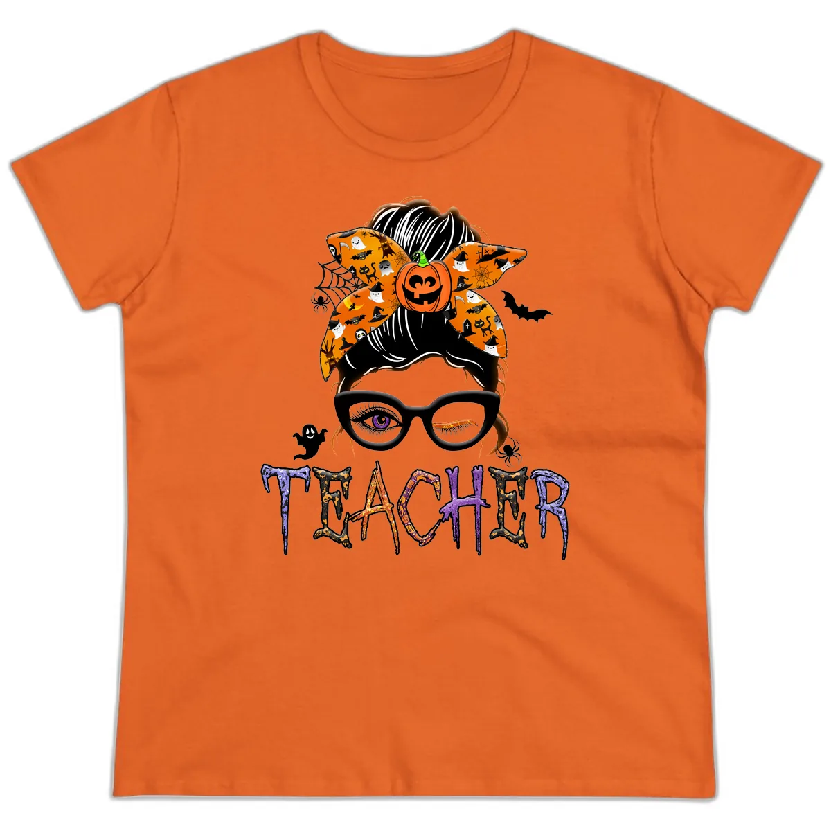 Halloween Teacher Messy Bun Pumpkin Spice Ladies Tee in Orange