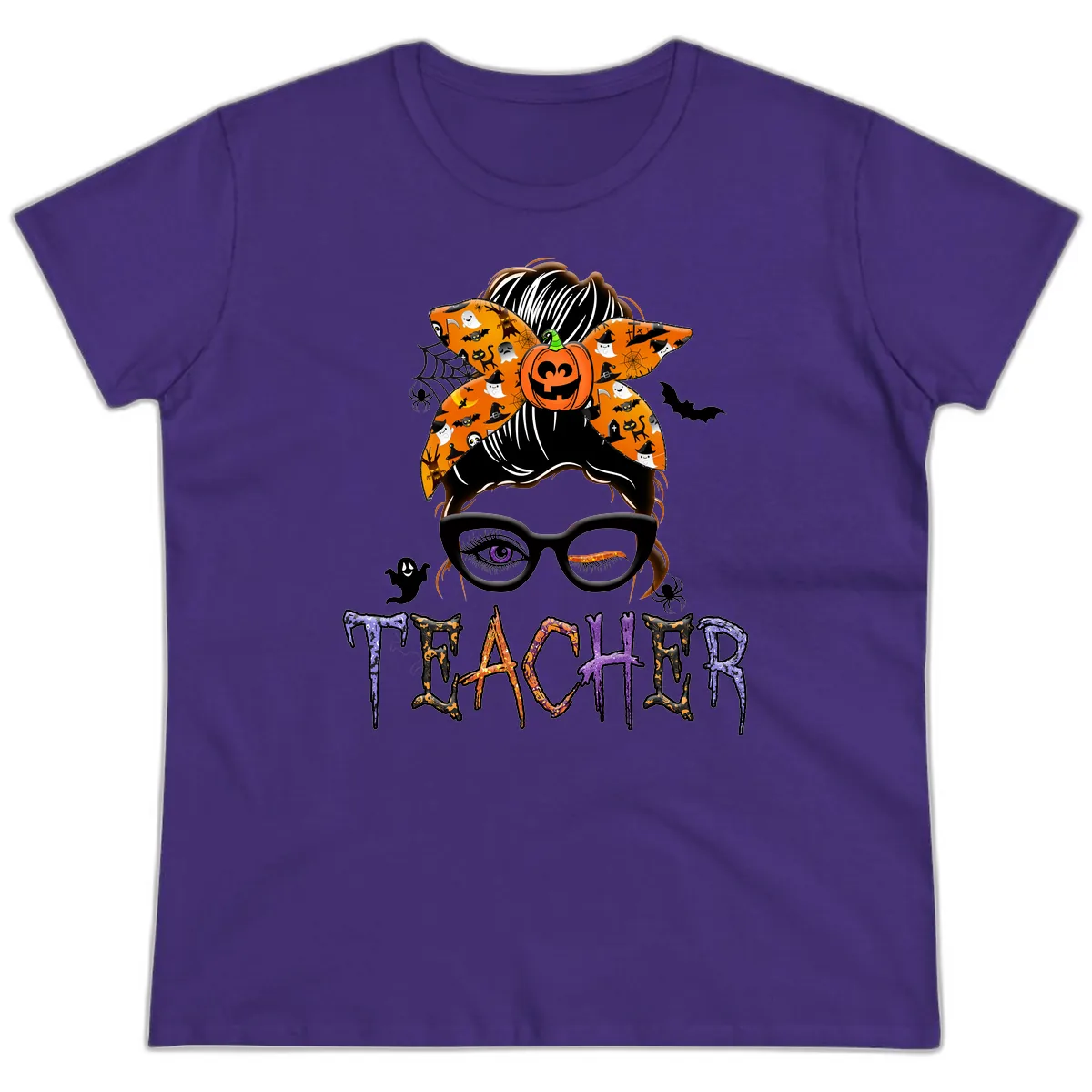Halloween Teacher Messy Bun Pumpkin Spice Ladies Tee in Purple