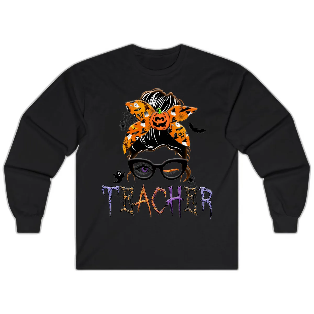 Halloween Teacher Messy Bun Pumpkin Spice Long Sleeve in Black