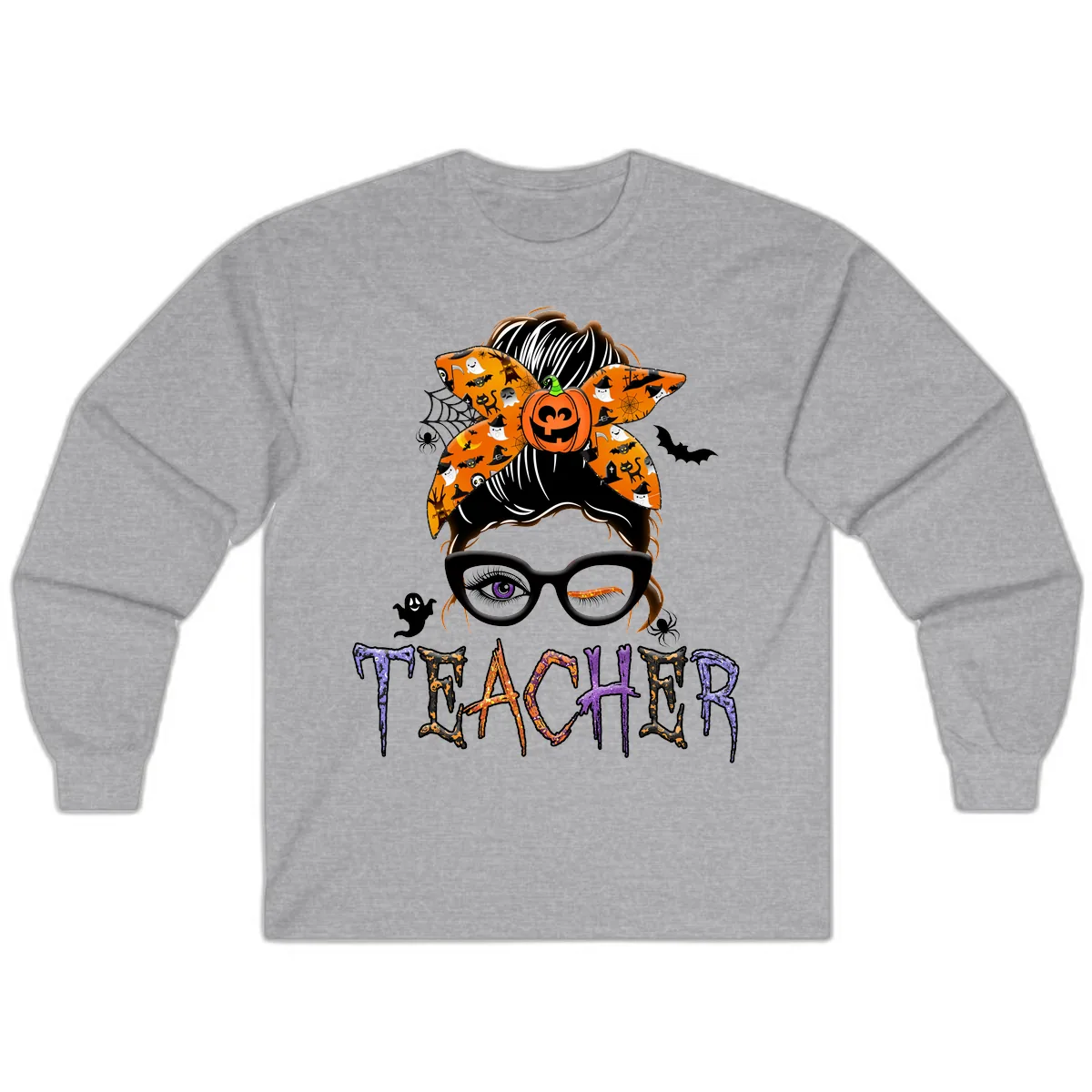 Halloween Teacher Messy Bun Pumpkin Spice Long Sleeve in Sport Grey