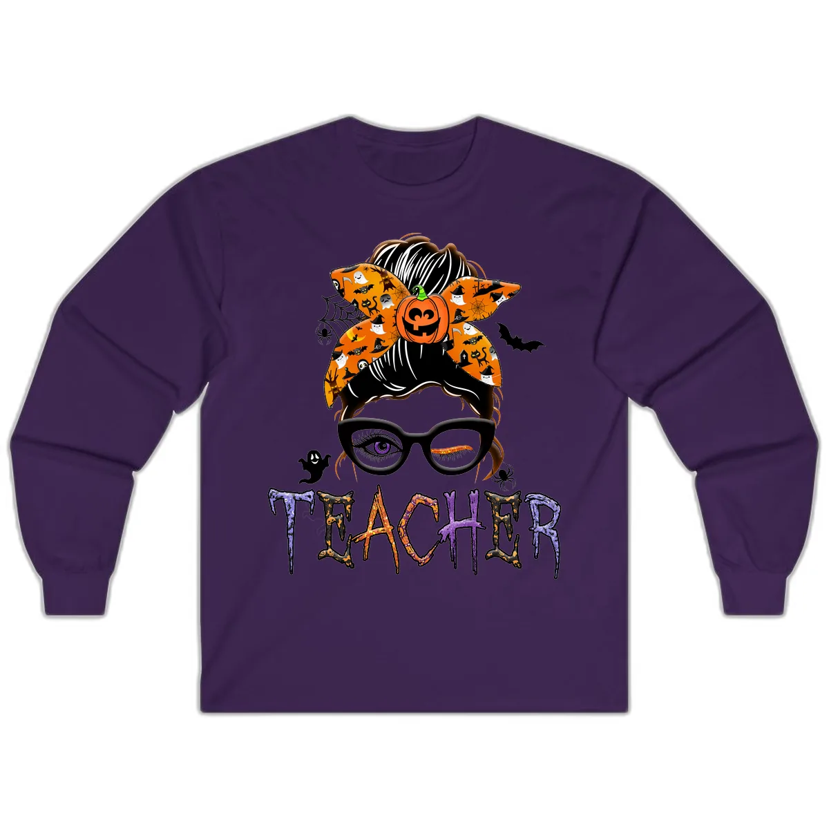 Halloween Teacher Messy Bun Pumpkin Spice Long Sleeve in Purple