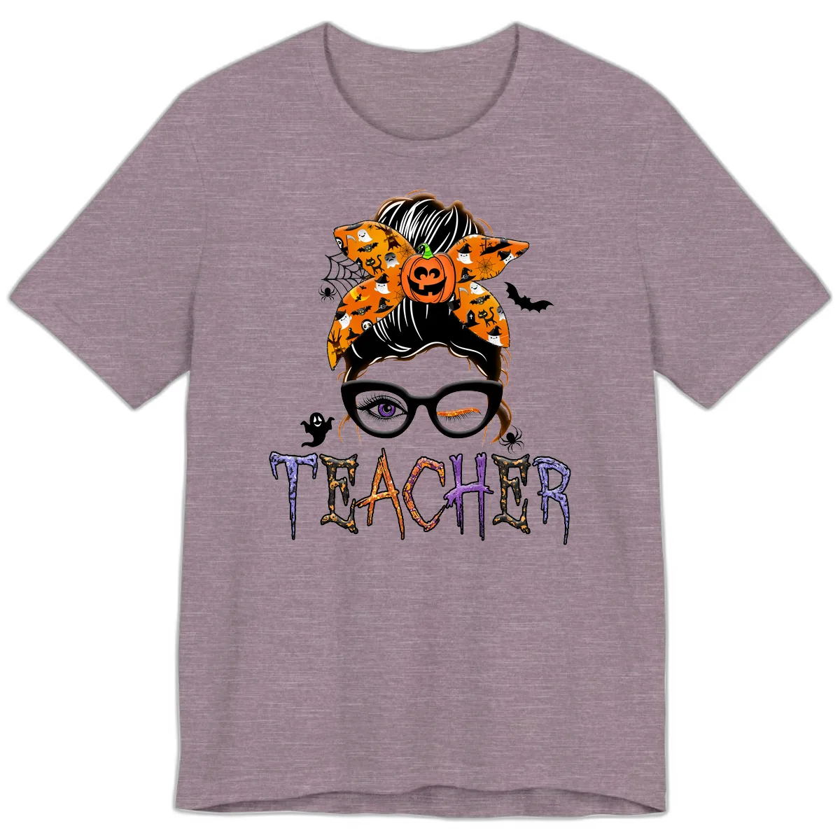 Halloween Teacher Messy Bun Pumpkin Spice Premium T-Shirt in Heather Purple