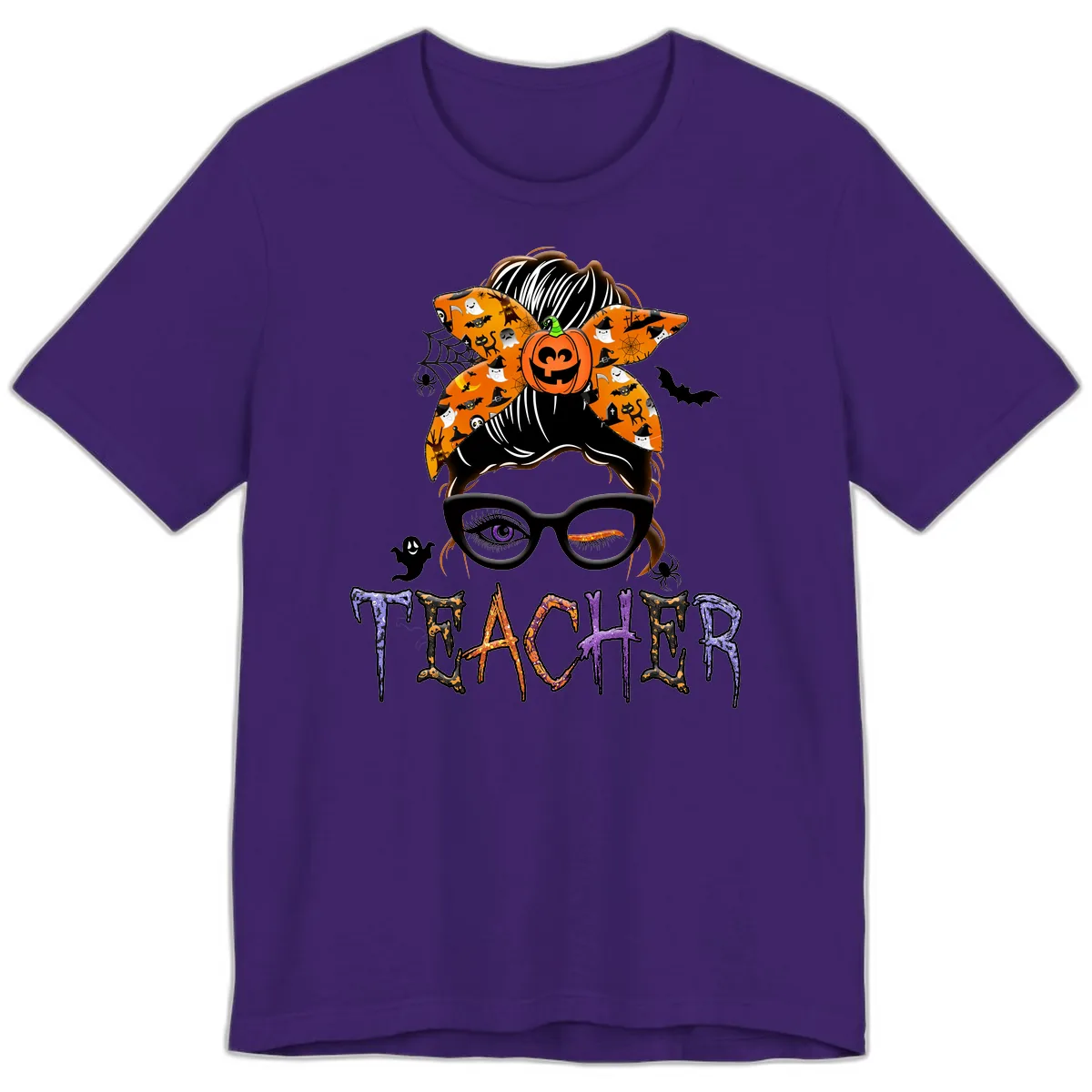 Halloween Teacher Messy Bun Pumpkin Spice Premium T-Shirt in Team Purple