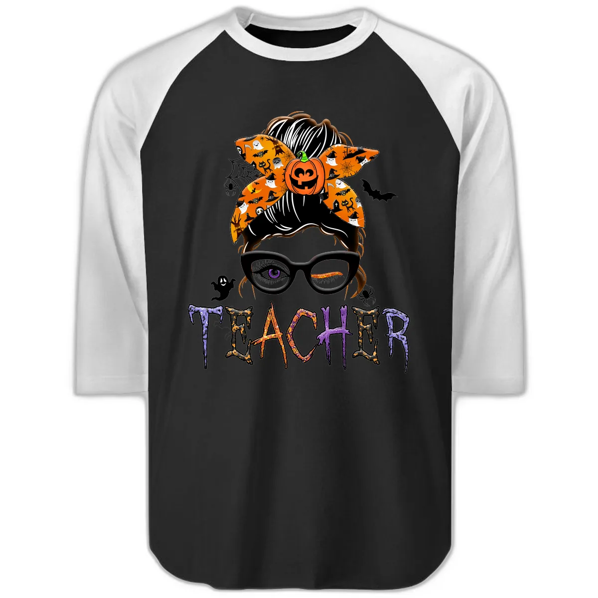 Halloween Teacher Messy Bun Pumpkin Spice Raglan 3/4 in Black White