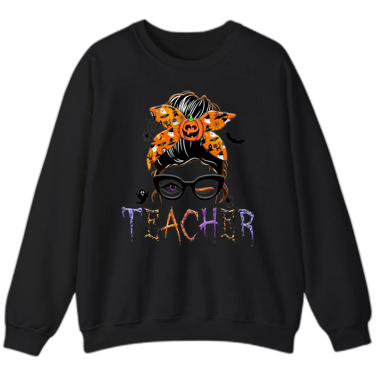 Halloween Teacher Messy Bun Pumpkin Spice Sweatshirt in Black