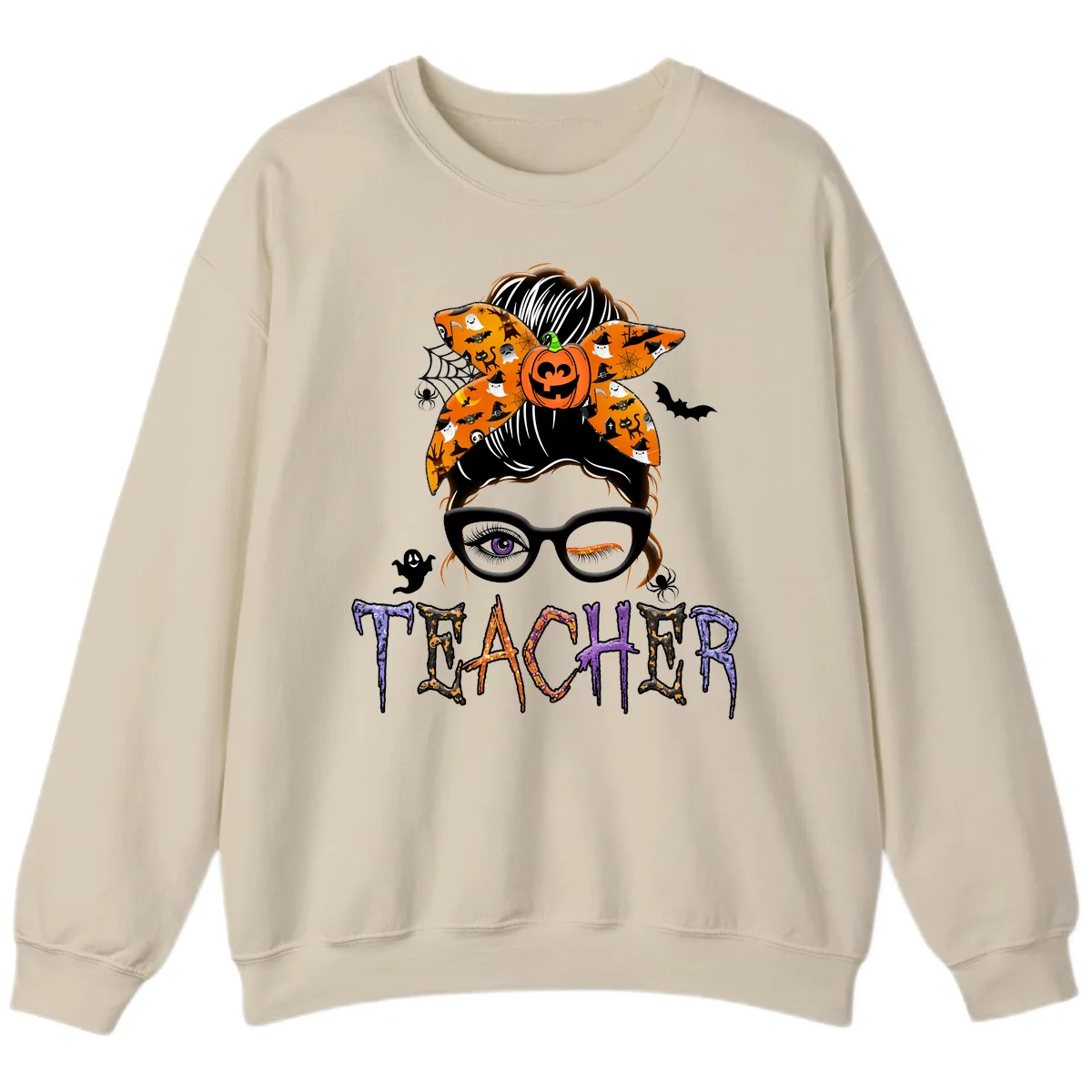 Halloween Teacher Messy Bun Pumpkin Spice Sweatshirt in Sand