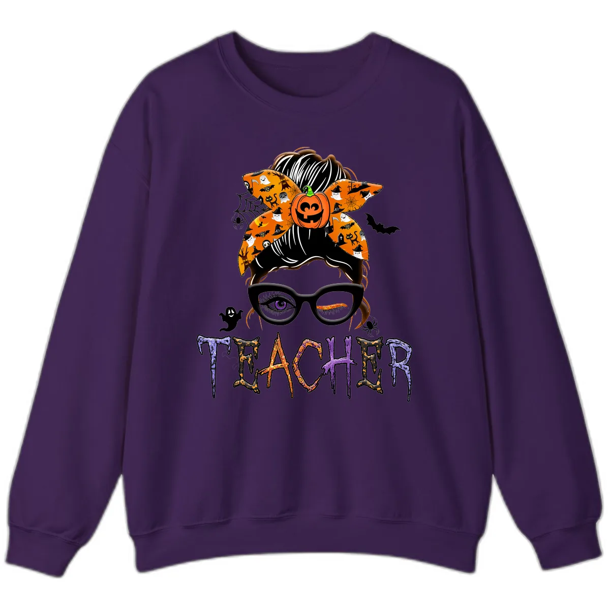 Halloween Teacher Messy Bun Pumpkin Spice Sweatshirt in Purple