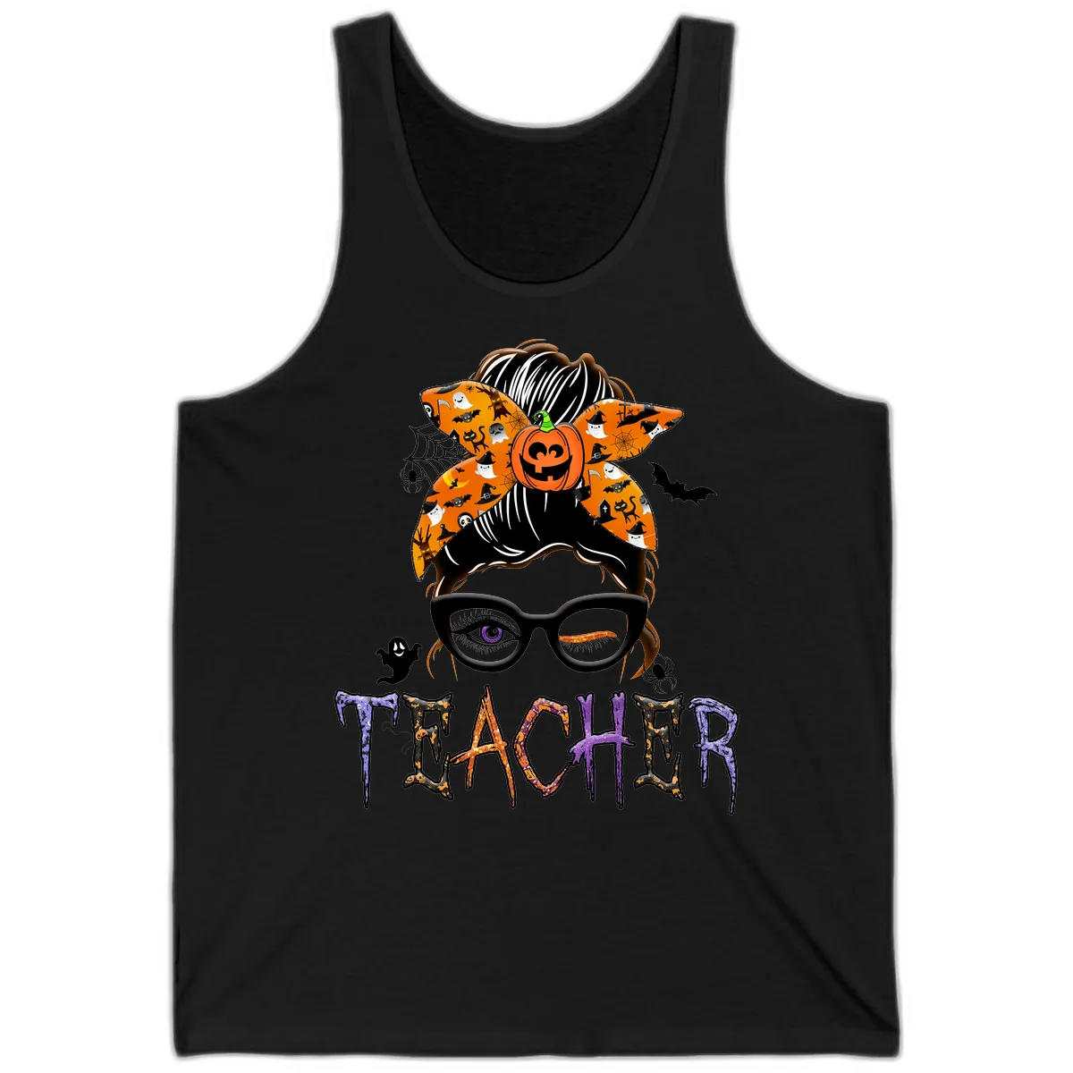 Halloween Teacher Messy Bun Pumpkin Spice Tank in Black