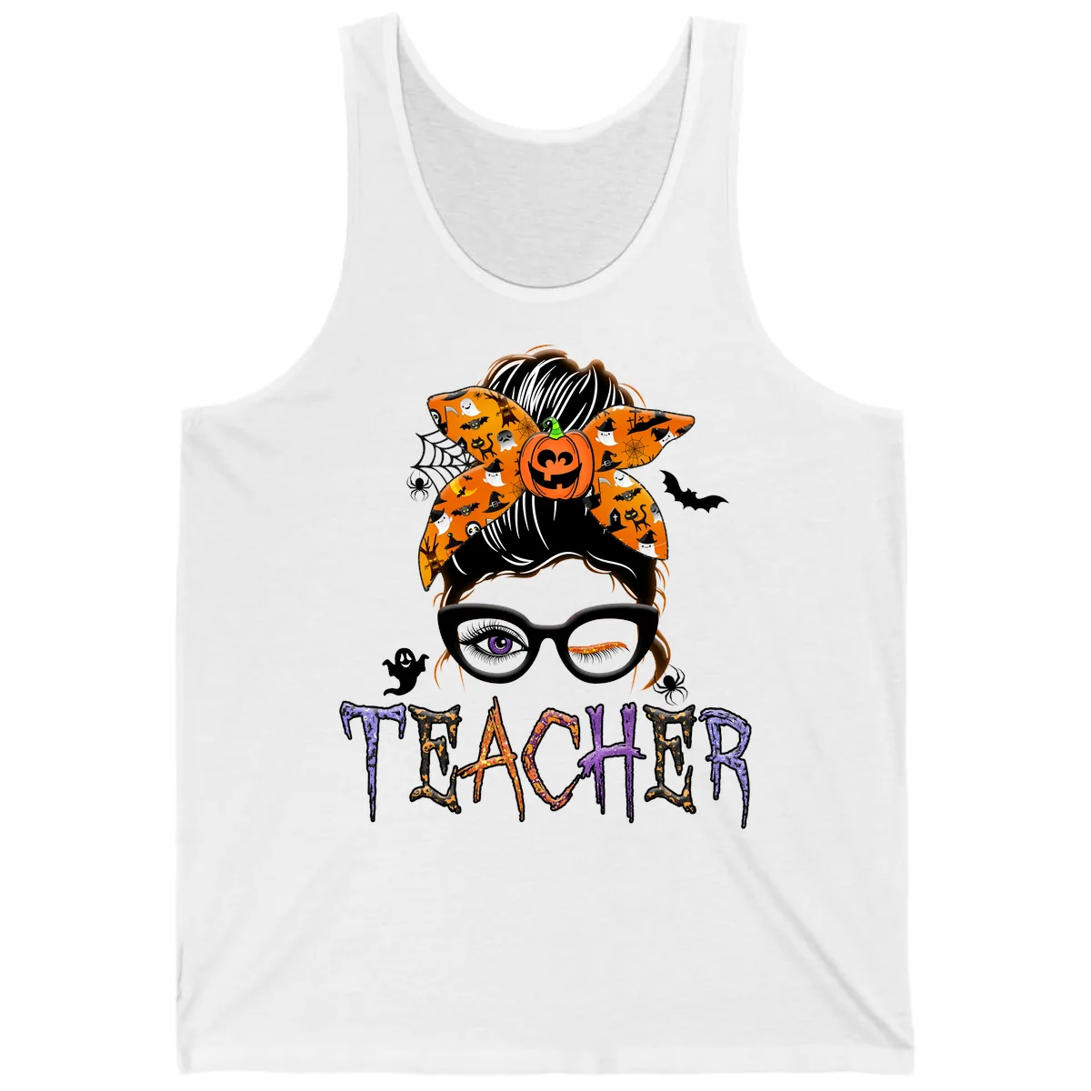 Halloween Teacher Messy Bun Pumpkin Spice Tank in White