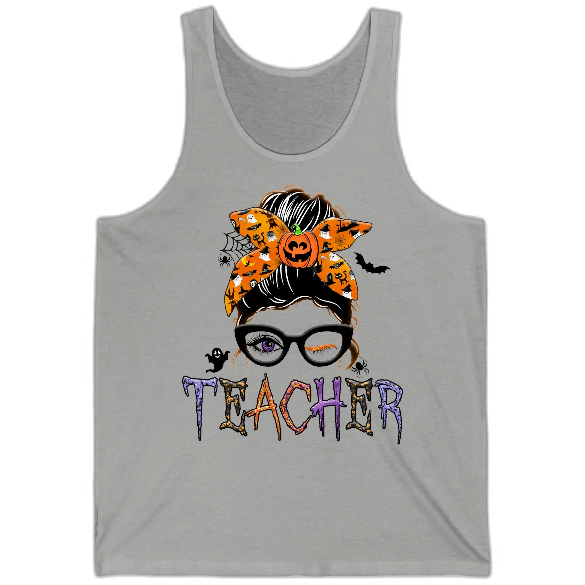 Halloween Teacher Messy Bun Pumpkin Spice Tank in Athletic Heather