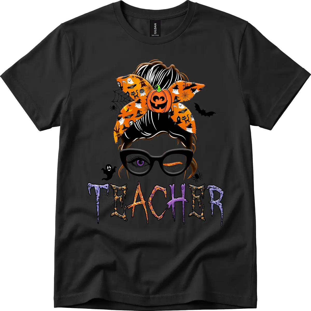 Halloween Teacher Messy Bun Pumpkin Spice T-Shirt in Black