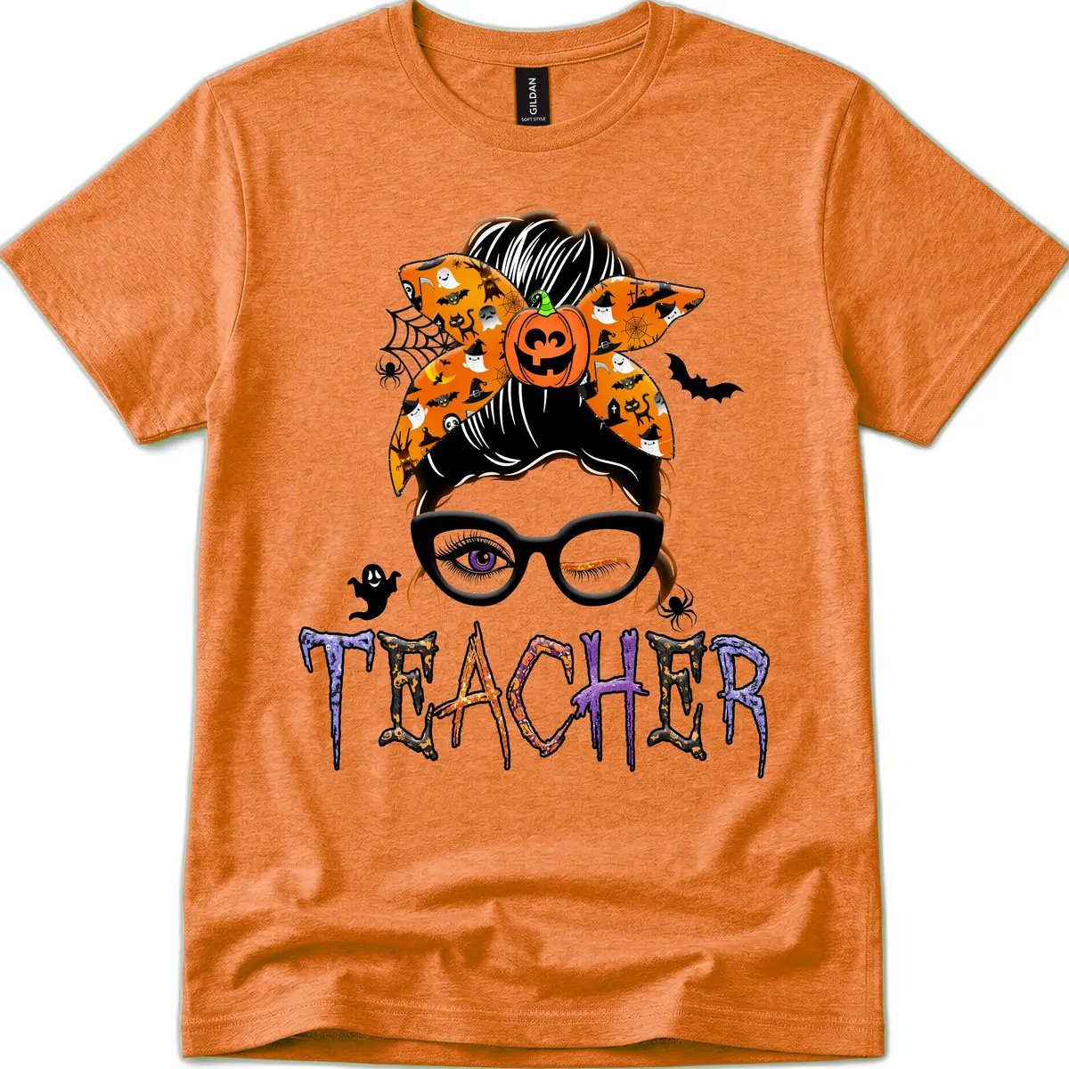 Halloween Teacher Messy Bun Pumpkin Spice T-Shirt in Heather Orange