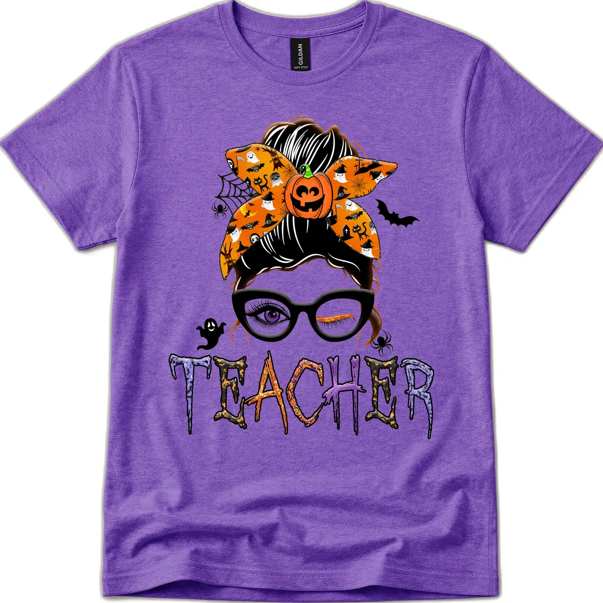 Halloween Teacher Messy Bun Pumpkin Spice T-Shirt in Heather Purple