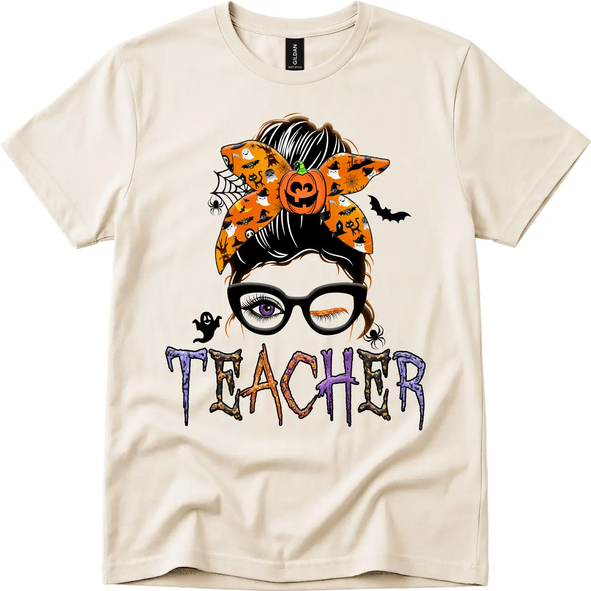 Halloween Teacher Messy Bun Pumpkin Spice T-Shirt in Natural