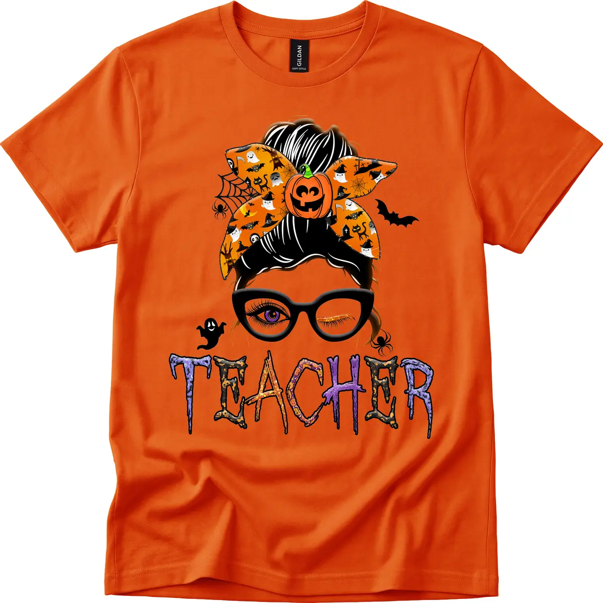 Halloween Teacher Messy Bun Pumpkin Spice T-Shirt in Orange